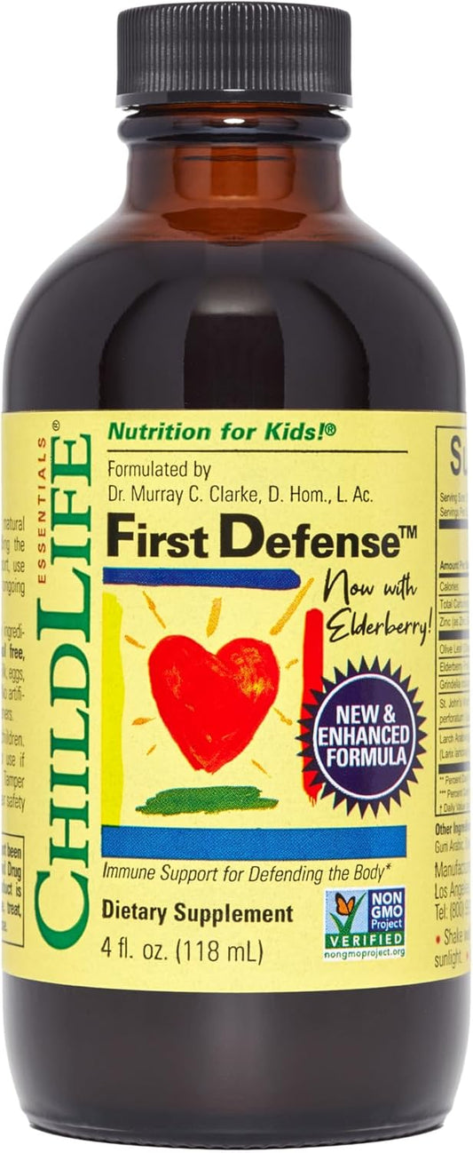 Kids Immune Support Syrup with Elderberry & Zinc - ChildLife Essentials First Defense for Toddlers 1-3, Babies 6 Months+, Non GMO & Gluten Free - 4 Fl Oz