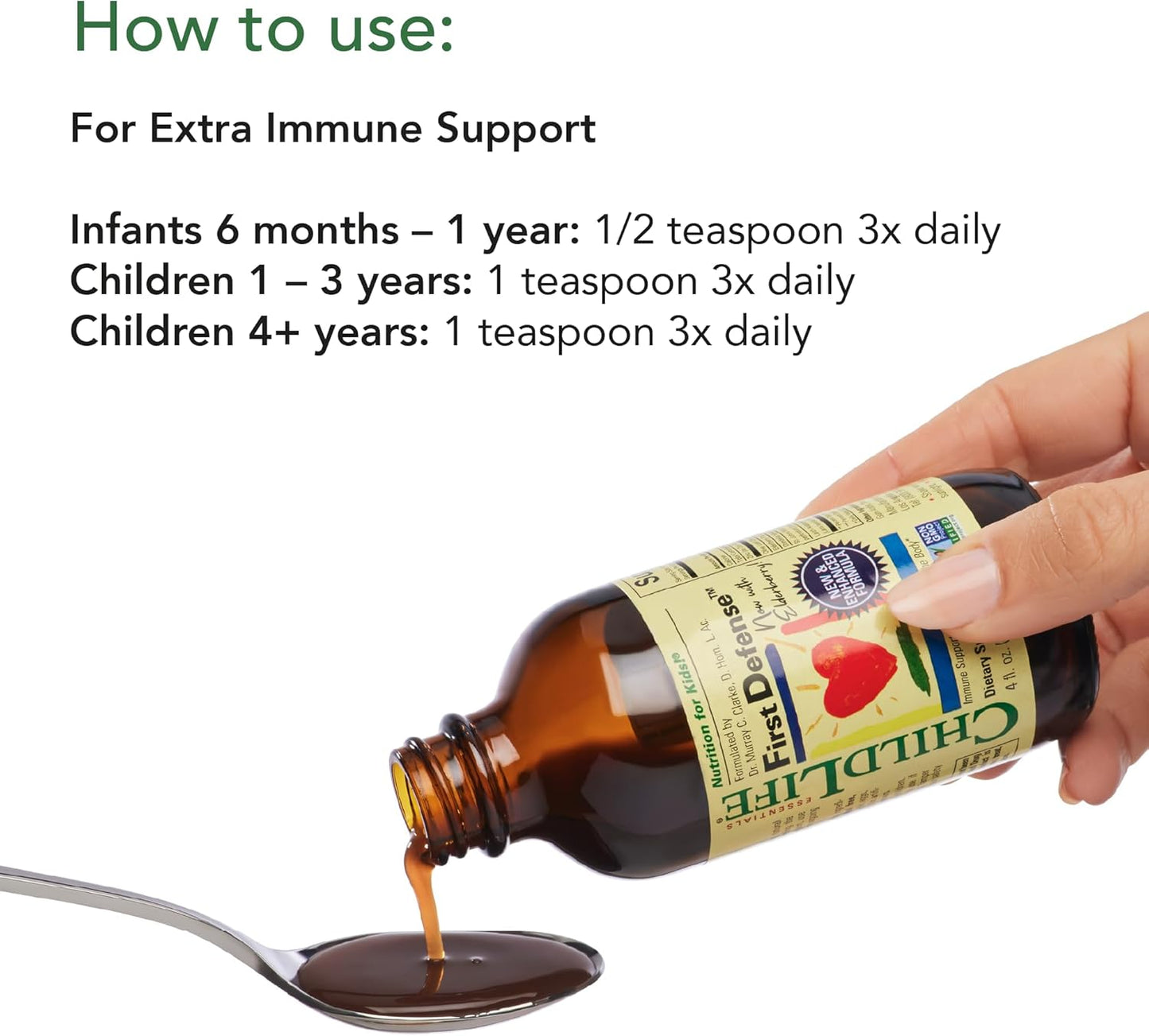 Kids Immune Support Syrup with Elderberry & Zinc - ChildLife Essentials First Defense for Toddlers 1-3, Babies 6 Months+, Non GMO & Gluten Free - 4 Fl Oz