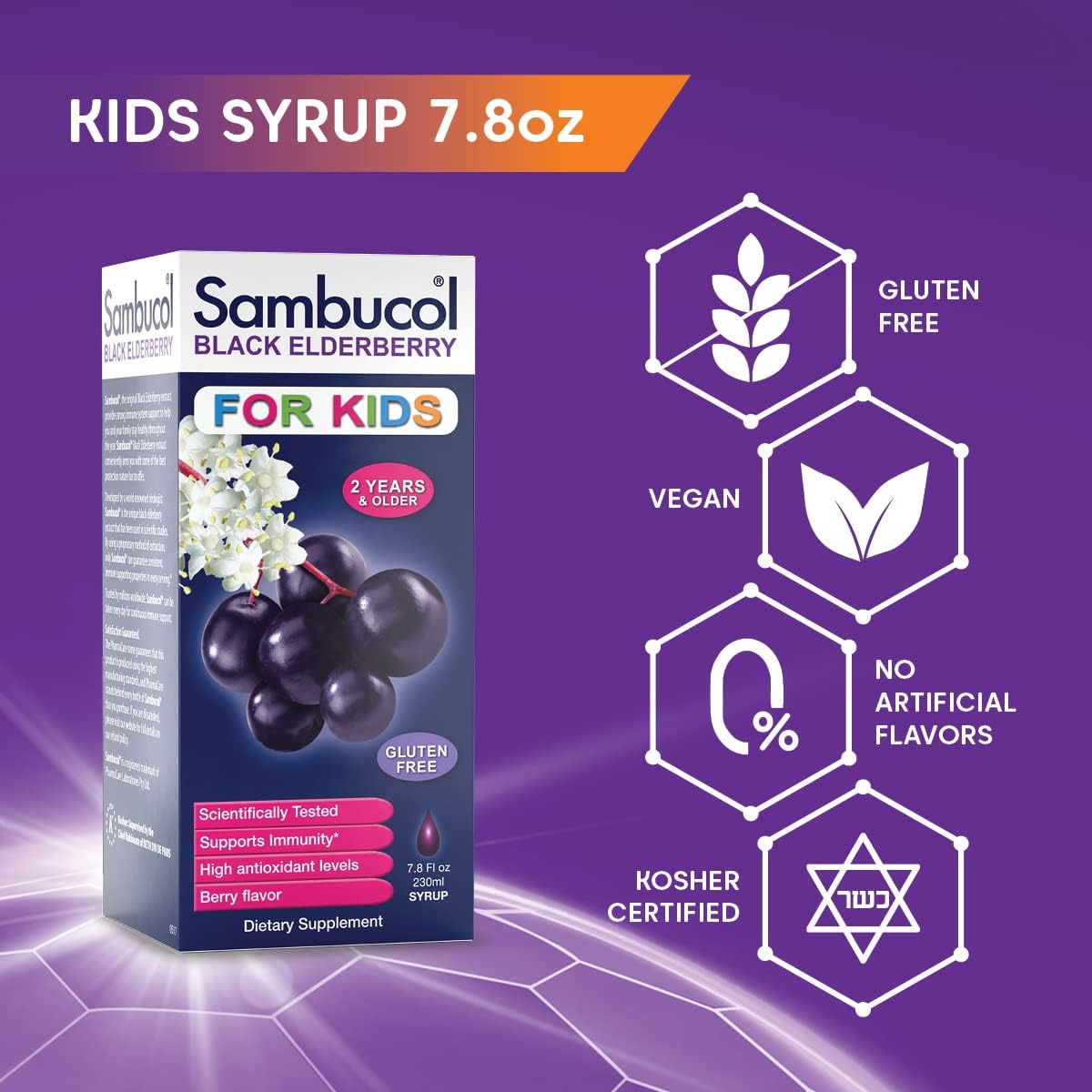 Kids Immune Support with Sambucol Black Elderberry Syrup - Elderberry Extract for Children - 7.8 Fl Oz