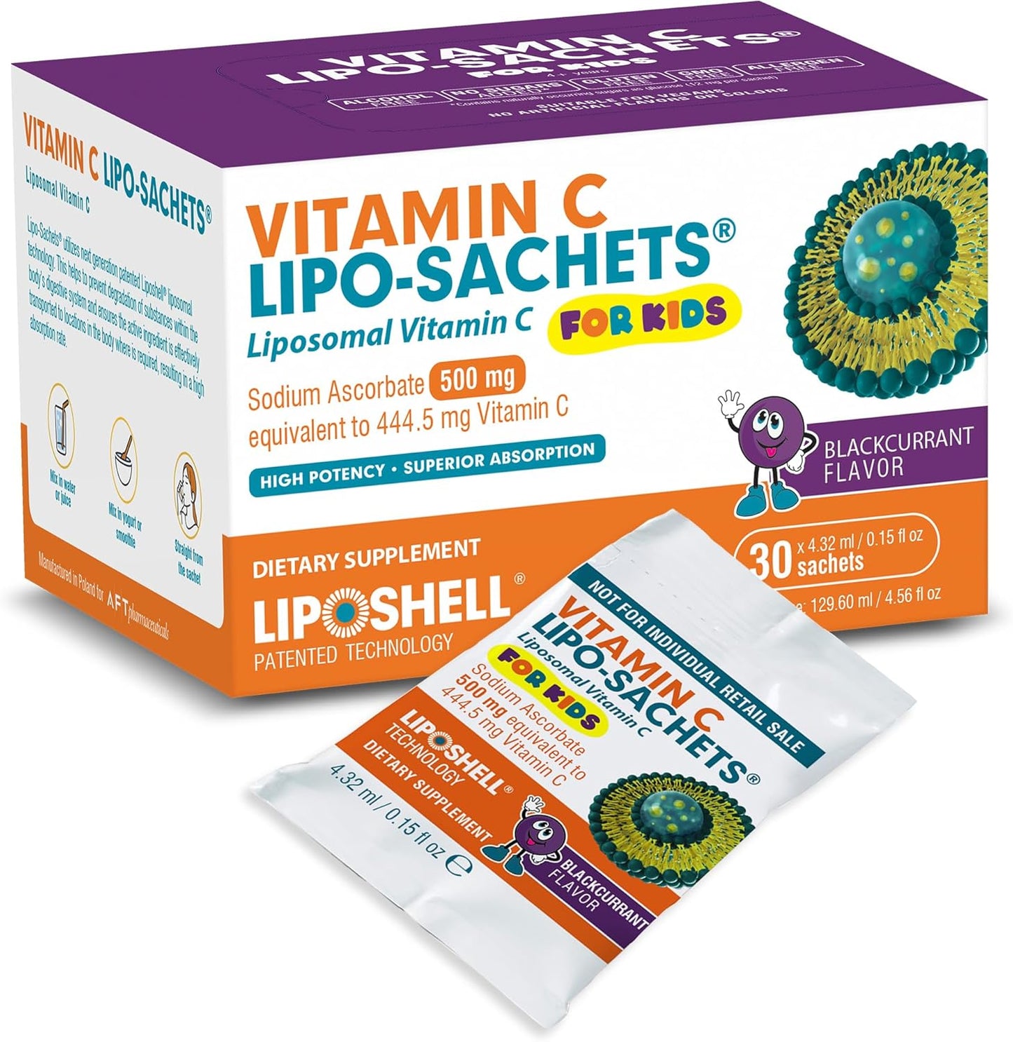 Kids Liposomal Vitamin C Gel Sachets - Blackcurrant Flavor | Gentle Immune Support for Children | Natural Supplement with No Added Sugar | 30 Pack 500mg