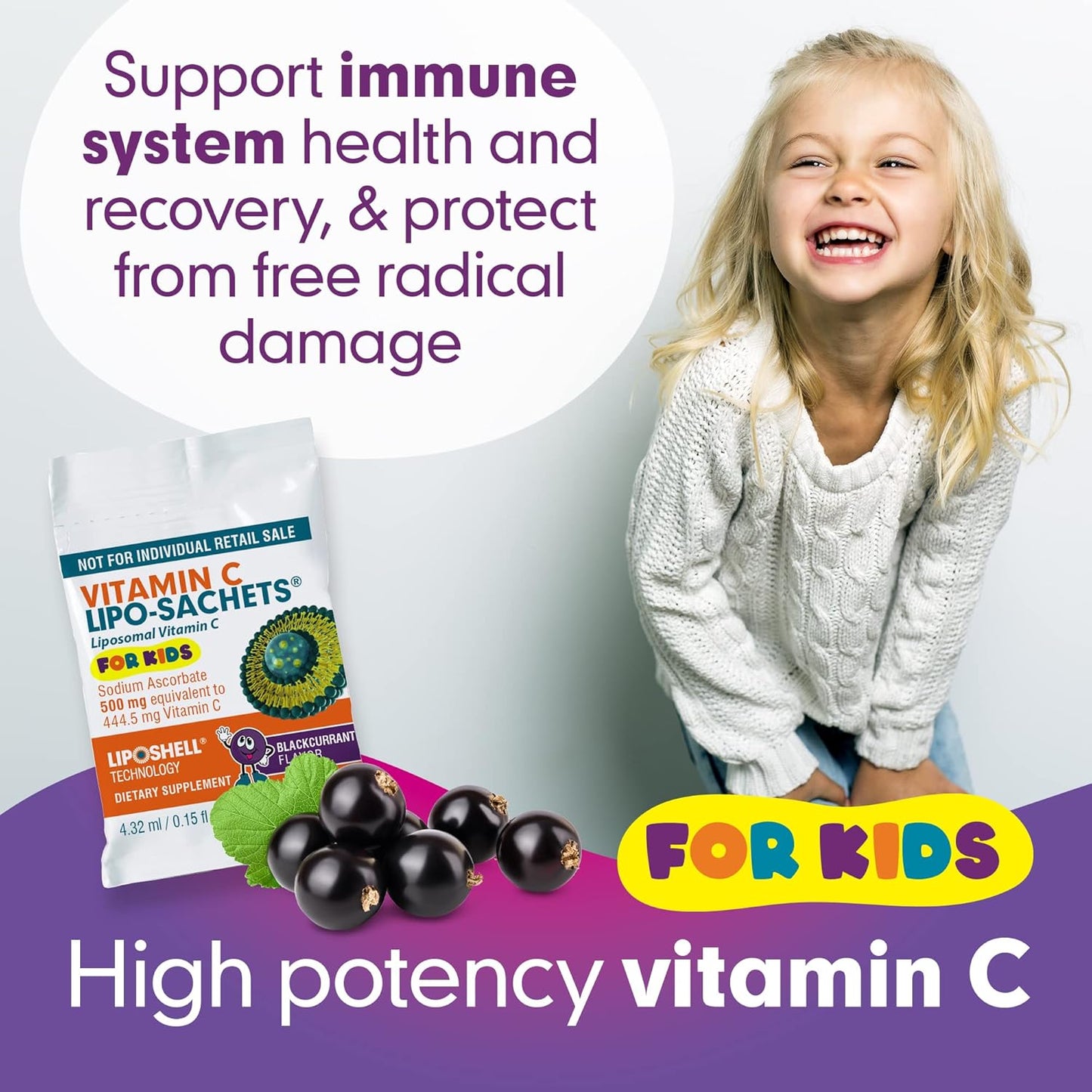 Kids Liposomal Vitamin C Gel Sachets - Blackcurrant Flavor | Gentle Immune Support for Children | Natural Supplement with No Added Sugar | 30 Pack 500mg