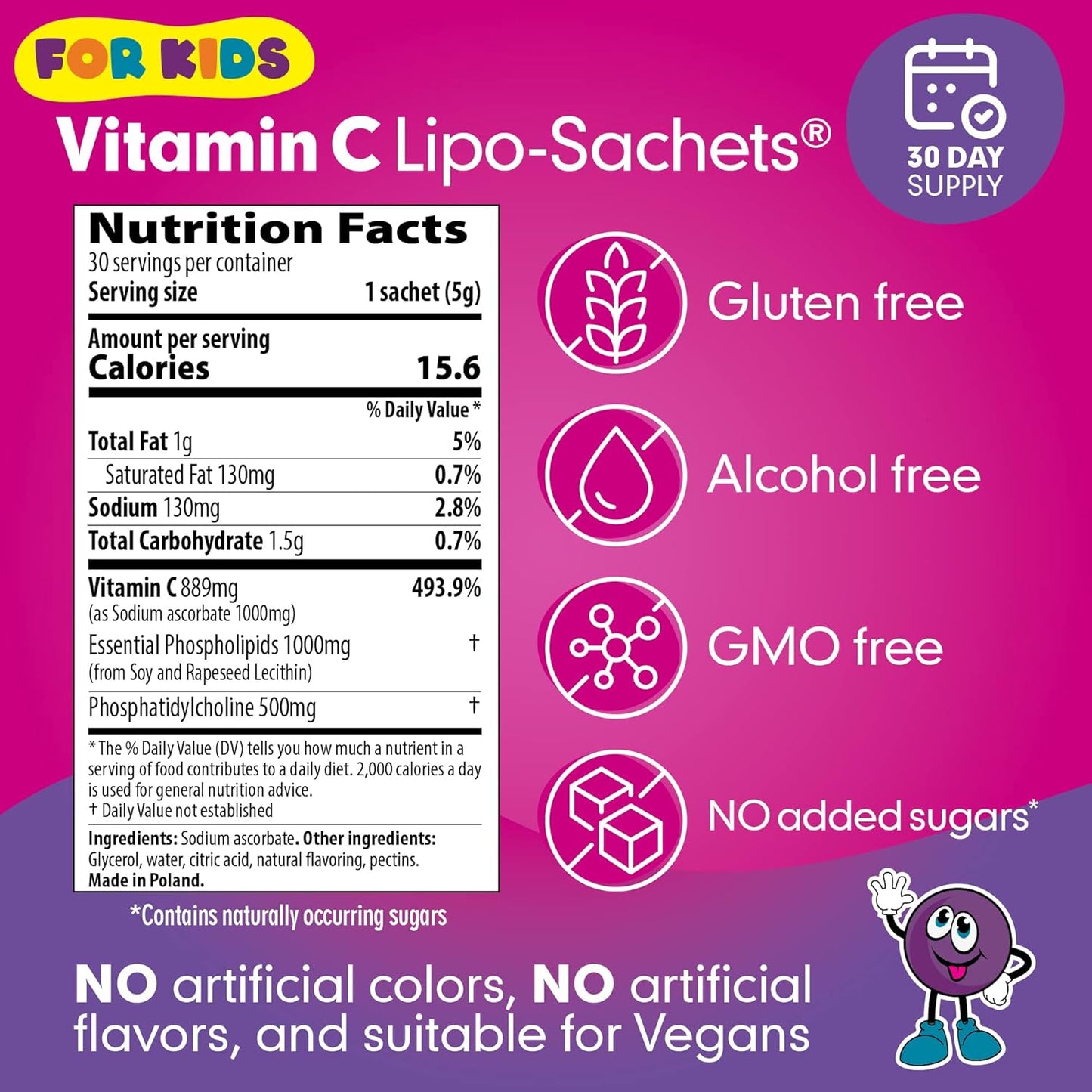 Kids Liposomal Vitamin C Gel Sachets - Blackcurrant Flavor | Gentle Immune Support for Children | Natural Supplement with No Added Sugar | 30 Pack 500mg