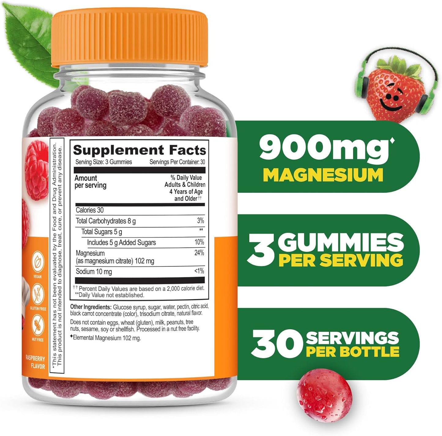 Kids Magnesium Gummies | 900mg Magnesium Citrate | Gluten-Free Stress Relief | Muscle Support Chewables | 90 Gummies