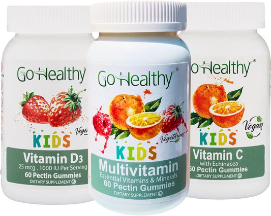 Kids Multivitamin, Vitamin D, & Vitamin C Gummies Bundle - Vegetarian, Kosher, Halal, Gluten-Free, Non-GMO - 3 Bottles by Go Healthy Natural