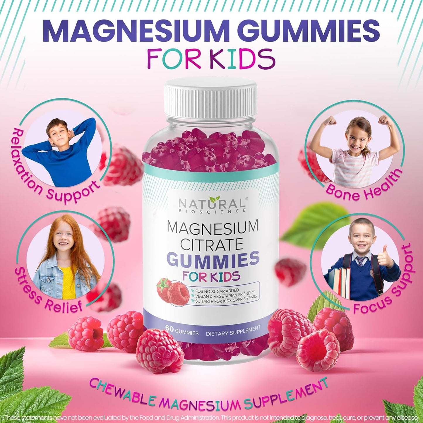 Kids Natural BioScience 100mg Magnesium Gummies - Calm & Sleep Support, Chewable Supplement for Sleep, Stress Relief, Bone Health, Muscle Relaxation - 30 Vegan Gluten-Free Gummies