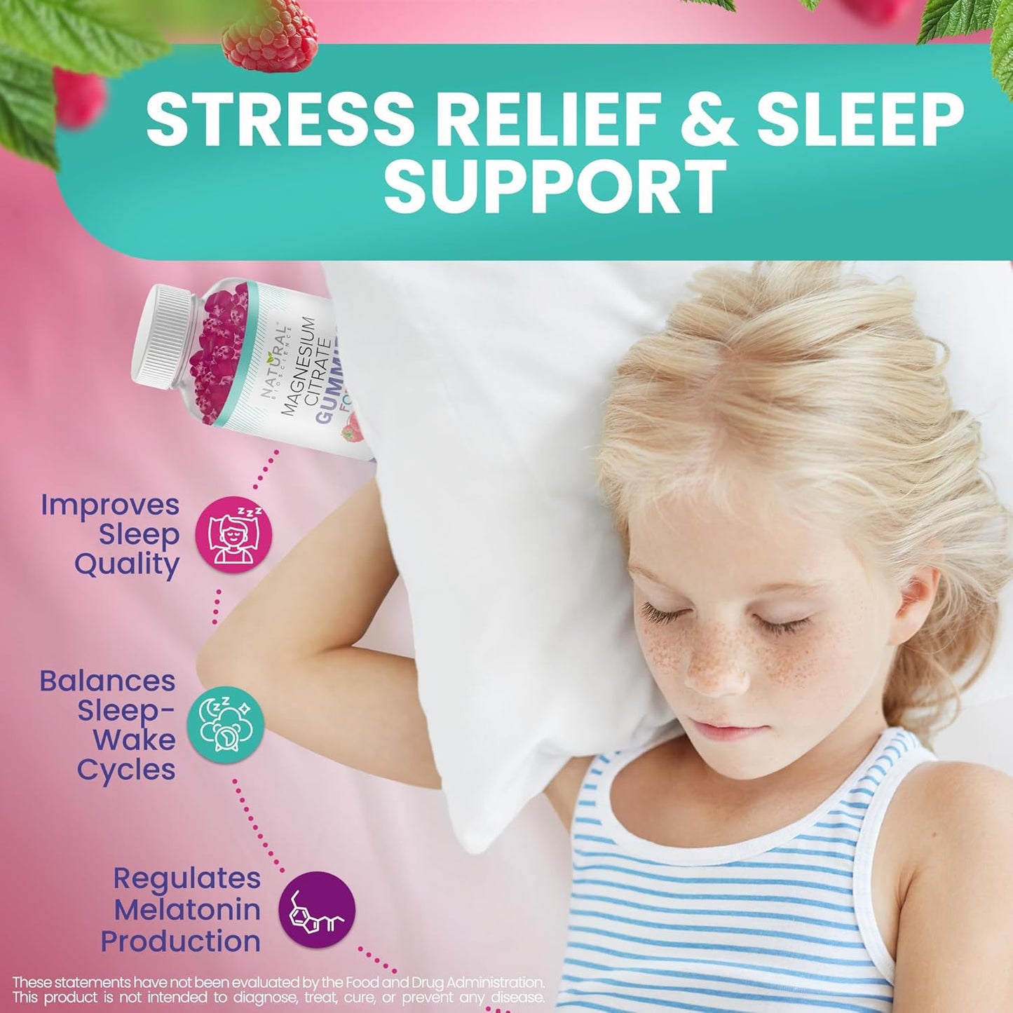 Kids Natural BioScience 100mg Magnesium Gummies - Calm & Sleep Support, Chewable Supplement for Sleep, Stress Relief, Bone Health, Muscle Relaxation - 30 Vegan Gluten-Free Gummies