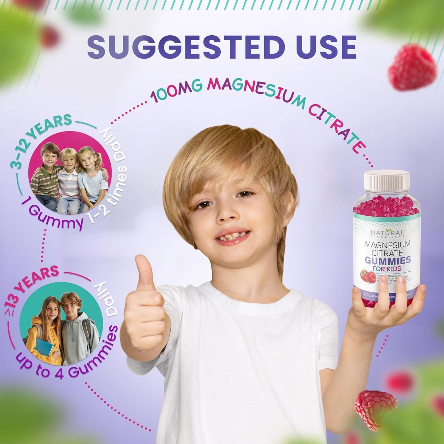 Kids Natural BioScience 100mg Magnesium Gummies - Calm & Sleep Support, Chewable Supplement for Sleep, Stress Relief, Bone Health, Muscle Relaxation - 30 Vegan Gluten-Free Gummies