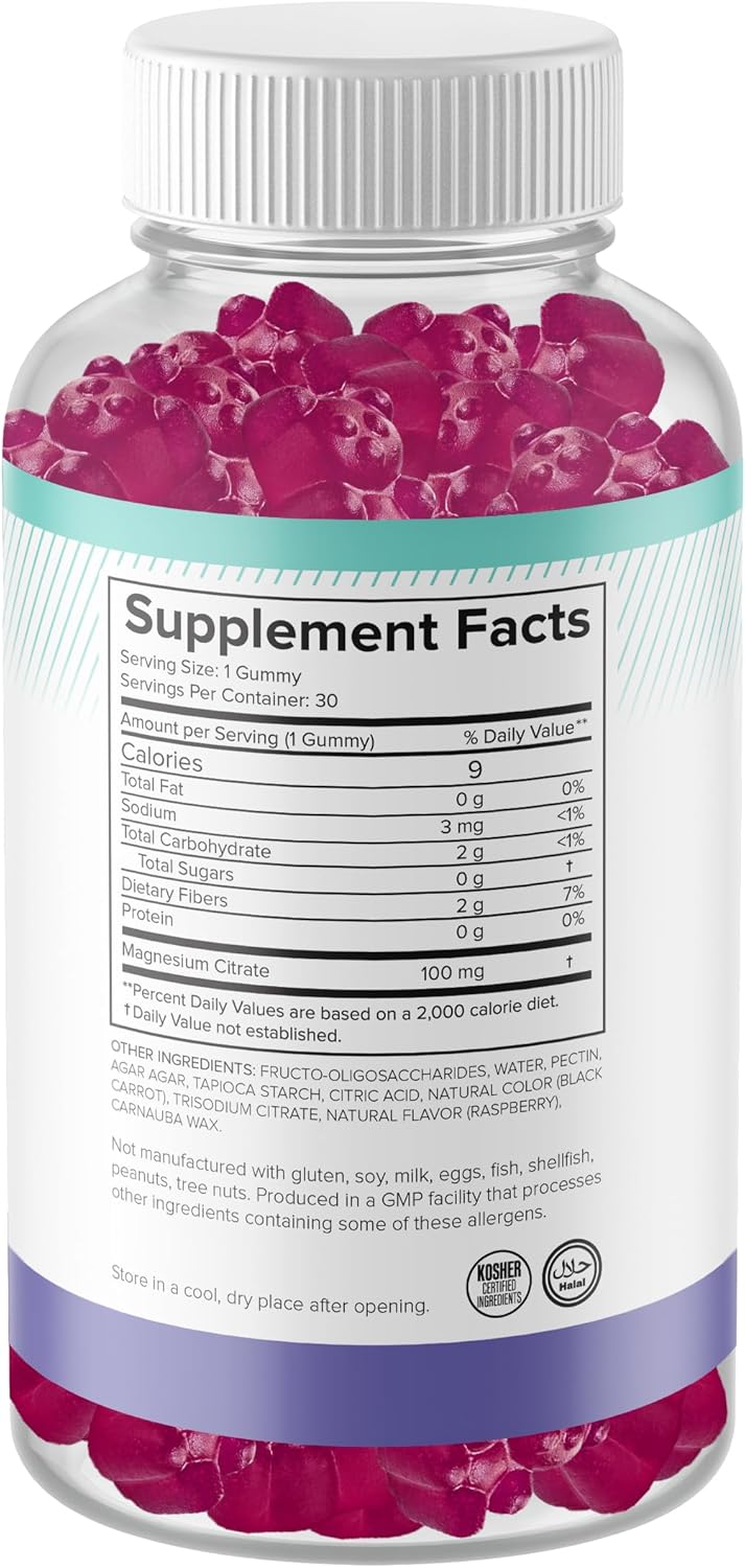 Kids Natural BioScience 100mg Magnesium Gummies - Calm & Sleep Support, Chewable Supplement for Sleep, Stress Relief, Bone Health, Muscle Relaxation - 30 Vegan Gluten-Free Gummies