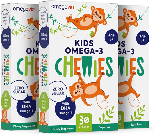 Kids Omega 3 Gummies - High DHA Chewable Gel Gummy for Brain & Eye Health - Sugar-Free Natural Fruit Flavor - Omega 3 Fish Oil Gummies (3 Pack)