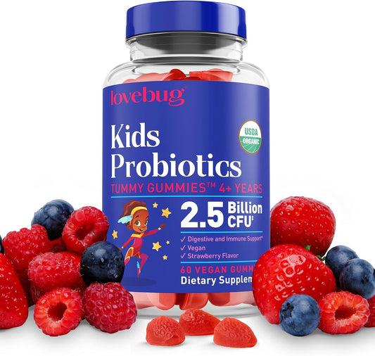 Kids Organic Probiotic Gummies for Gut Health & Immune Support - Vegan Chewable Probiotics for Children 4+, 60 Strawberry Chews