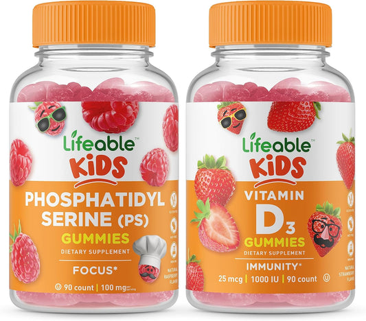 Kids Phosphatidylserine (PS) & Vitamin D Gummies Bundle - Tasty Vitamin Supplement, Gluten-Free, GMO-Free Chewables for Children