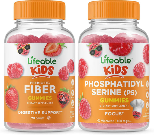 Kids Prebiotic Fiber and Phosphatidylserine (PS) Gummies Bundle - Gluten Free, GMO Free, Chewable Vitamin Supplement for Children