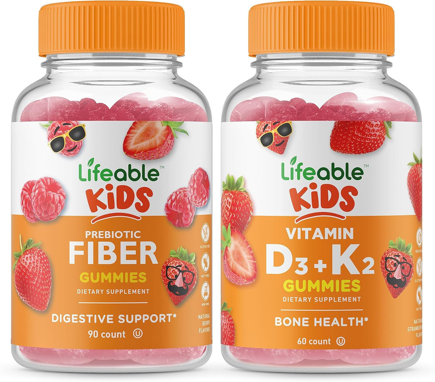 Kids Prebiotic Fiber Gummies Bundle with Vitamin D3 & K2 - Gluten-Free & GMO-Free Chewable Vitamins for Children