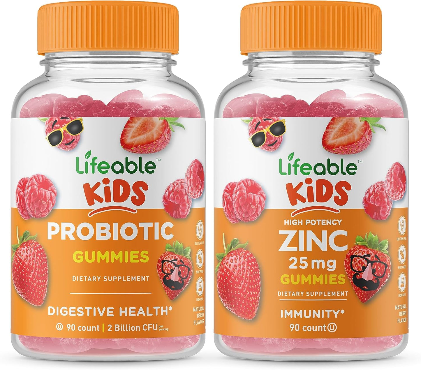 Kids Probiotic and Zinc Gummies Bundle - 2 Billion CFU, 25mg Zinc, Gluten-Free, GMO-Free, Chewable Gummy Vitamins