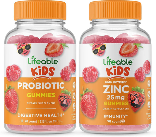 Kids Probiotic and Zinc Gummies Bundle - 2 Billion CFU, 25mg Zinc, Gluten-Free, GMO-Free, Chewable Gummy Vitamins