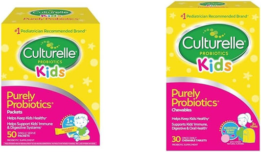 Kids Probiotic Bundle: Culturelle Kids Purely Probiotics Packets & Chewables - Daily Gut Health Support for Children