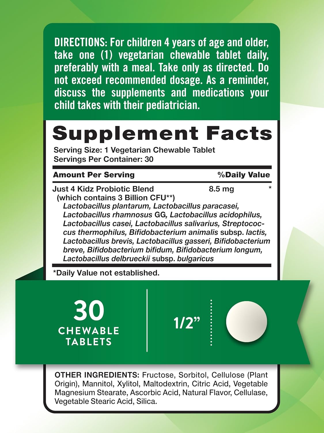 Kids Probiotic Chewable Tablets | 30 Berry Flavor | 3 Billion CFUs | Non-GMO & Gluten Free