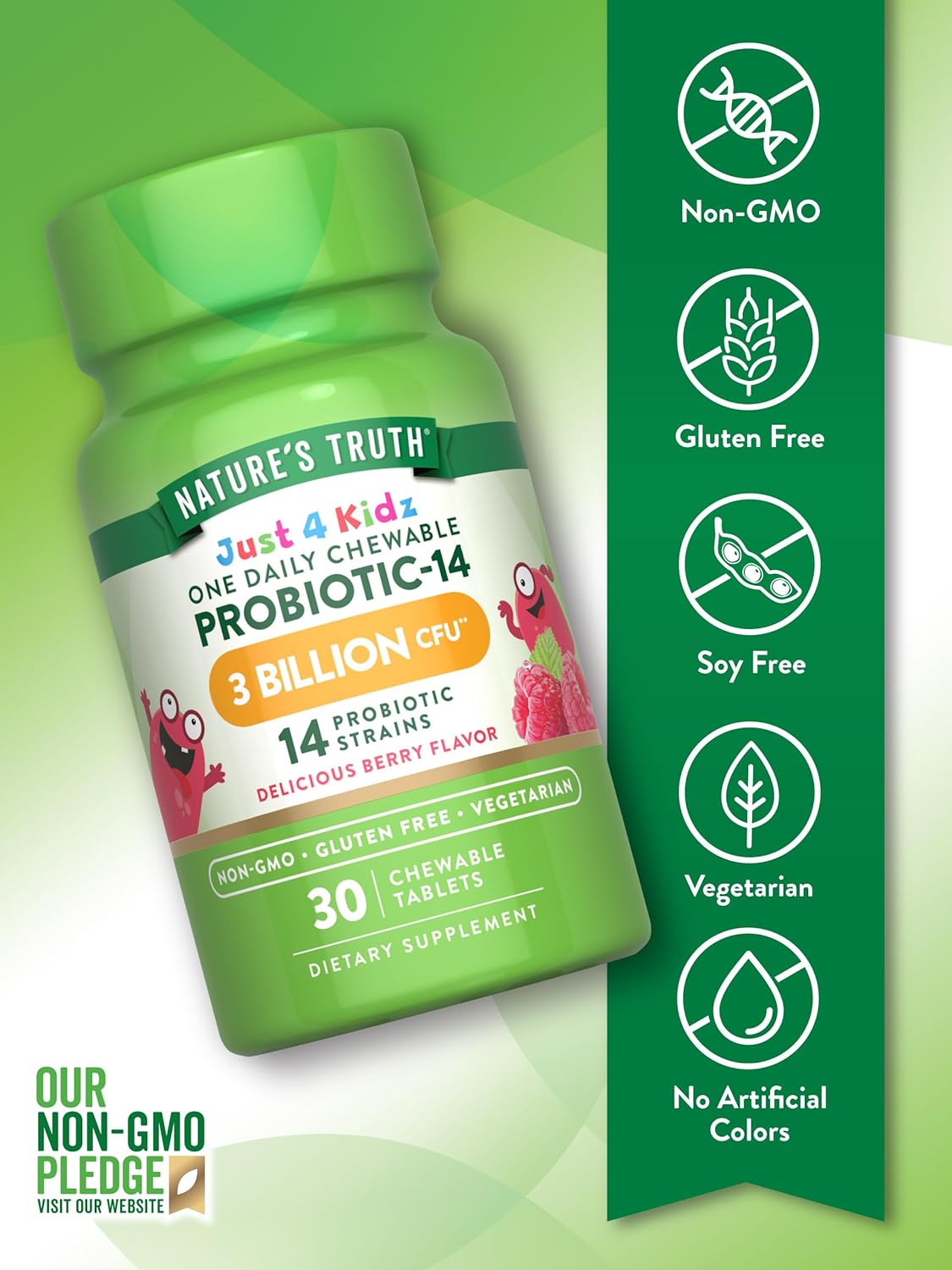 Kids Probiotic Chewable Tablets | 30 Berry Flavor | 3 Billion CFUs | Non-GMO & Gluten Free
