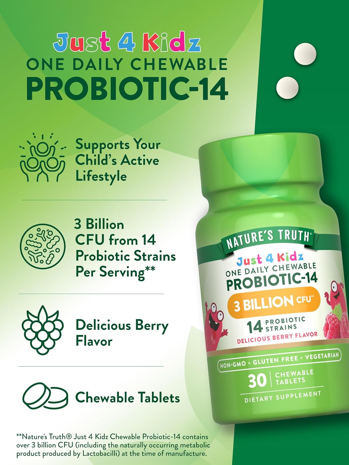 Kids Probiotic Chewable Tablets | 30 Berry Flavor | 3 Billion CFUs | Non-GMO & Gluten Free