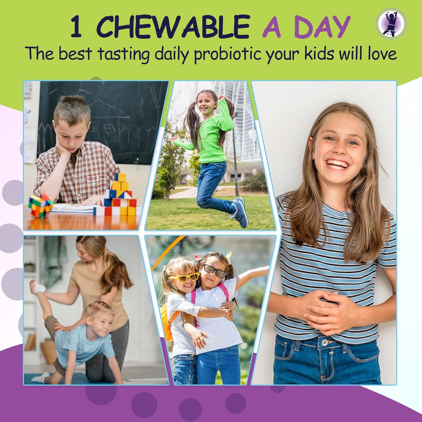 Kids Probiotic Chewable with 15 Strains & 5 Billion CFU for Brain, Immune & Digestive Health - Organic Prebiotics, Mixed Berry Flavor - 60 Count