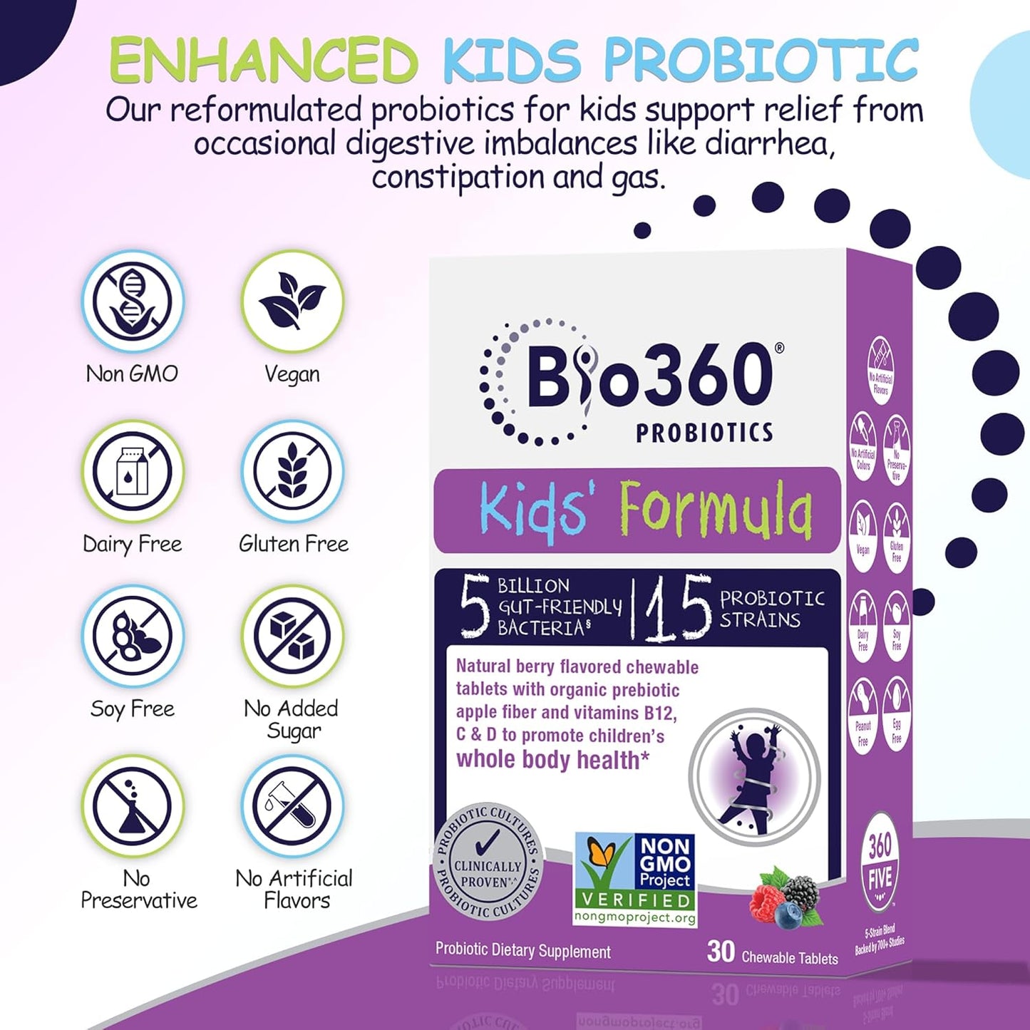 Kids Probiotic Chewable with 15 Strains & 5 Billion CFU for Brain, Immune & Digestive Health - Organic Prebiotics, Mixed Berry Flavor - 60 Count