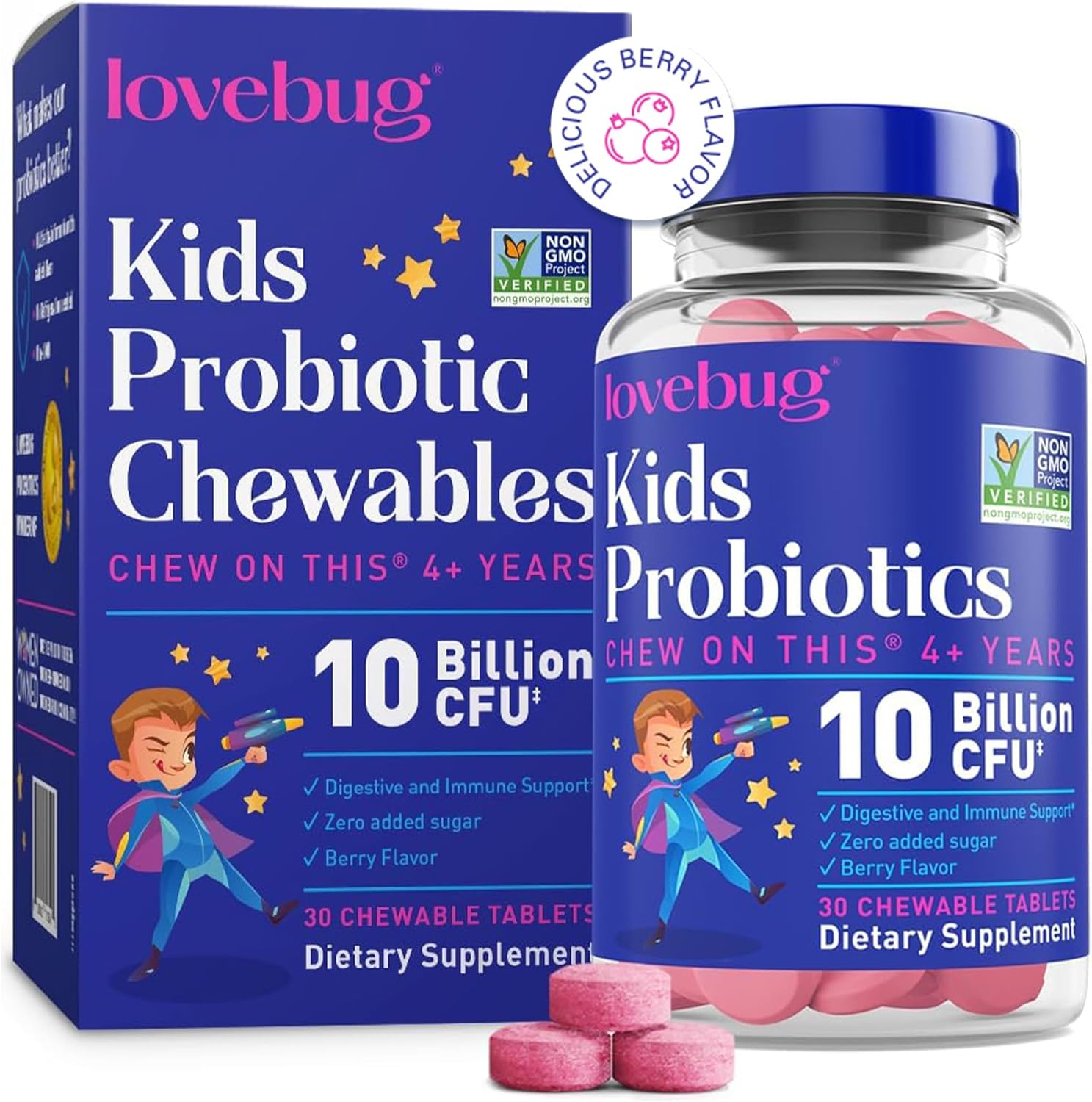 Kids Probiotic Chewables with Prebiotic Fiber - Daily Gut Health Support for Ages 4+, Constipation Relief, Immune Boost - 30 Sugar-Free Berry Flavored Tablets - BoostGo Australia