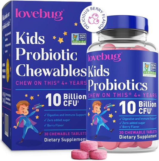 Kids Probiotic Chewables with Prebiotic Fiber - Daily Gut Health Support for Ages 4+, Constipation Relief, Immune Boost - 30 Sugar-Free Berry Flavored Tablets - BoostGo Australia