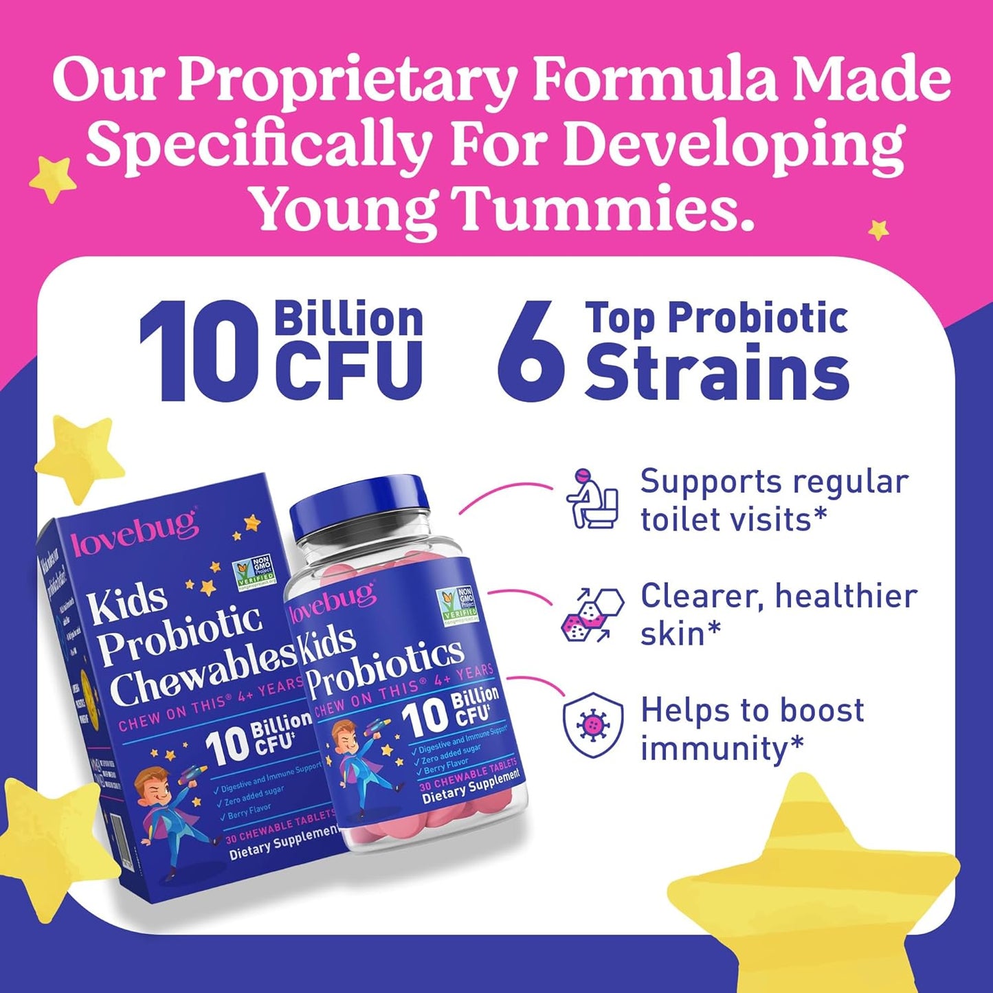 Kids Probiotic Chewables with Prebiotic Fiber - Daily Gut Health Support for Ages 4+, Constipation Relief, Immune Boost - 30 Sugar-Free Berry Flavored Tablets - BoostGo Australia