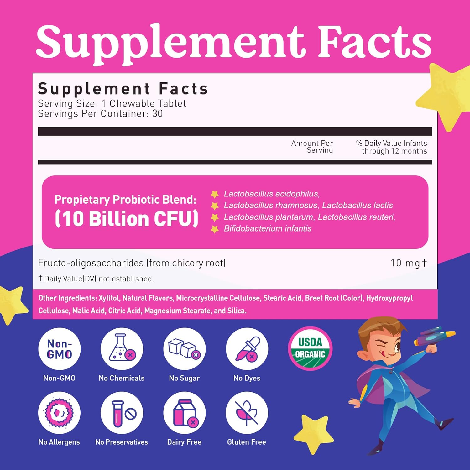 Kids Probiotic Chewables with Prebiotic Fiber - Daily Gut Health Support for Ages 4+, Constipation Relief, Immune Boost - 30 Sugar-Free Berry Flavored Tablets - BoostGo Australia