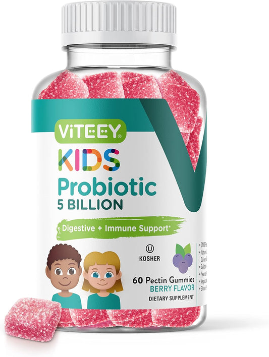 Kids Probiotic Gummies - 5 Billion CFUs for Constipation Relief & Immune Support - Vegetarian, Gelatin Free, GMO Free - Berry Flavored Chewable Gummy