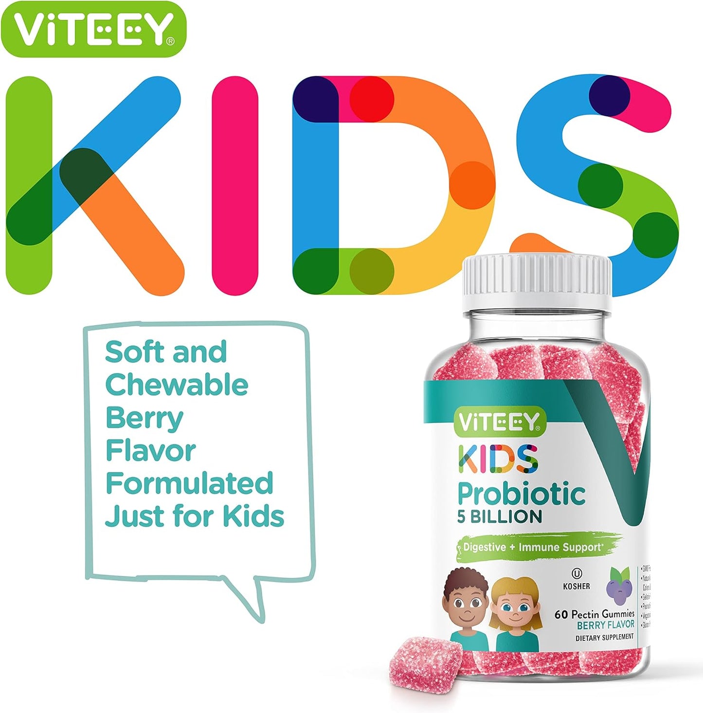 Kids Probiotic Gummies - 5 Billion CFUs for Constipation Relief & Immune Support - Vegetarian, Gelatin Free, GMO Free - Berry Flavored Chewable Gummy