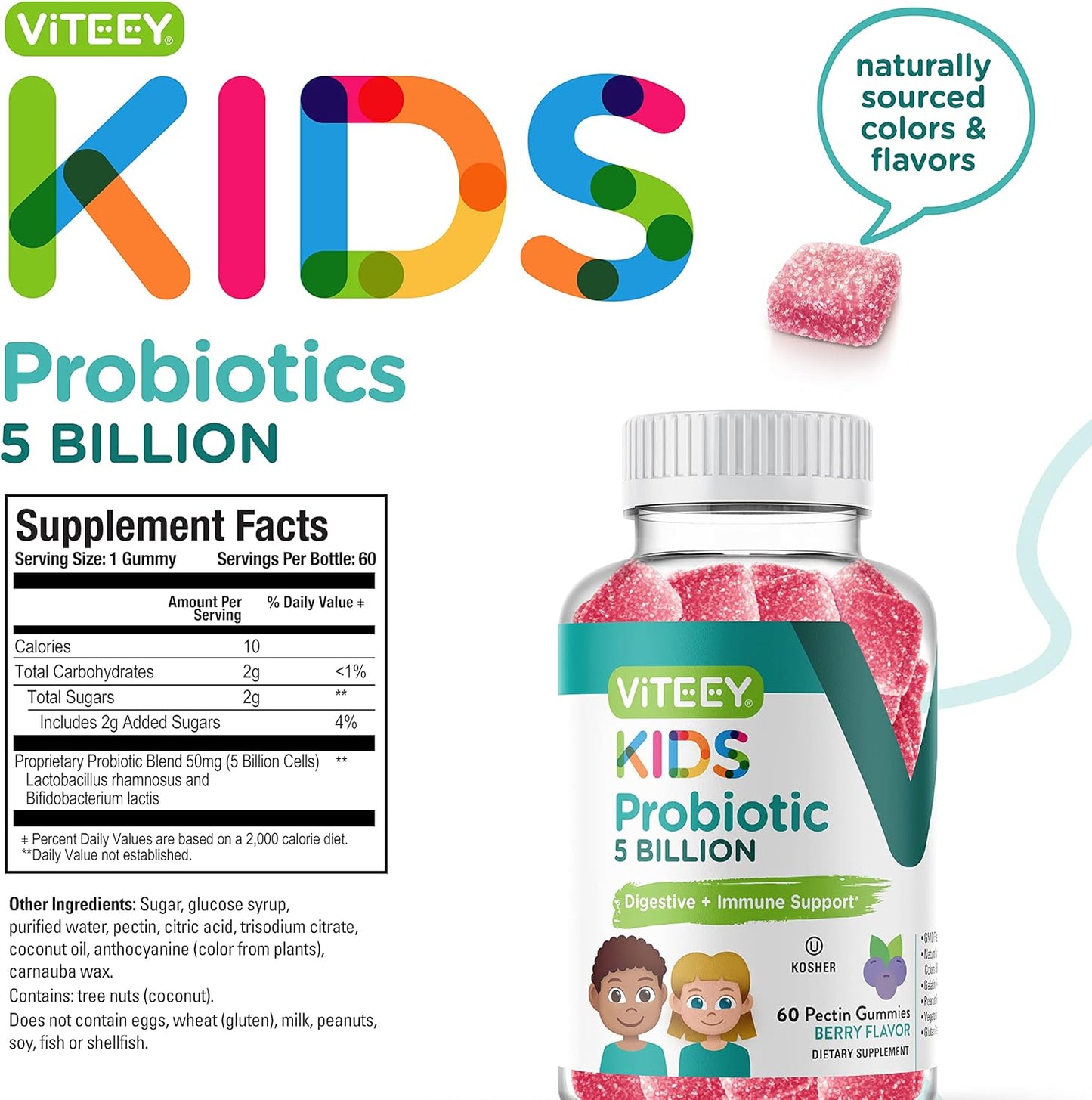 Kids Probiotic Gummies - 5 Billion CFUs for Constipation Relief & Immune Support - Vegetarian, Gelatin Free, GMO Free - Berry Flavored Chewable Gummy