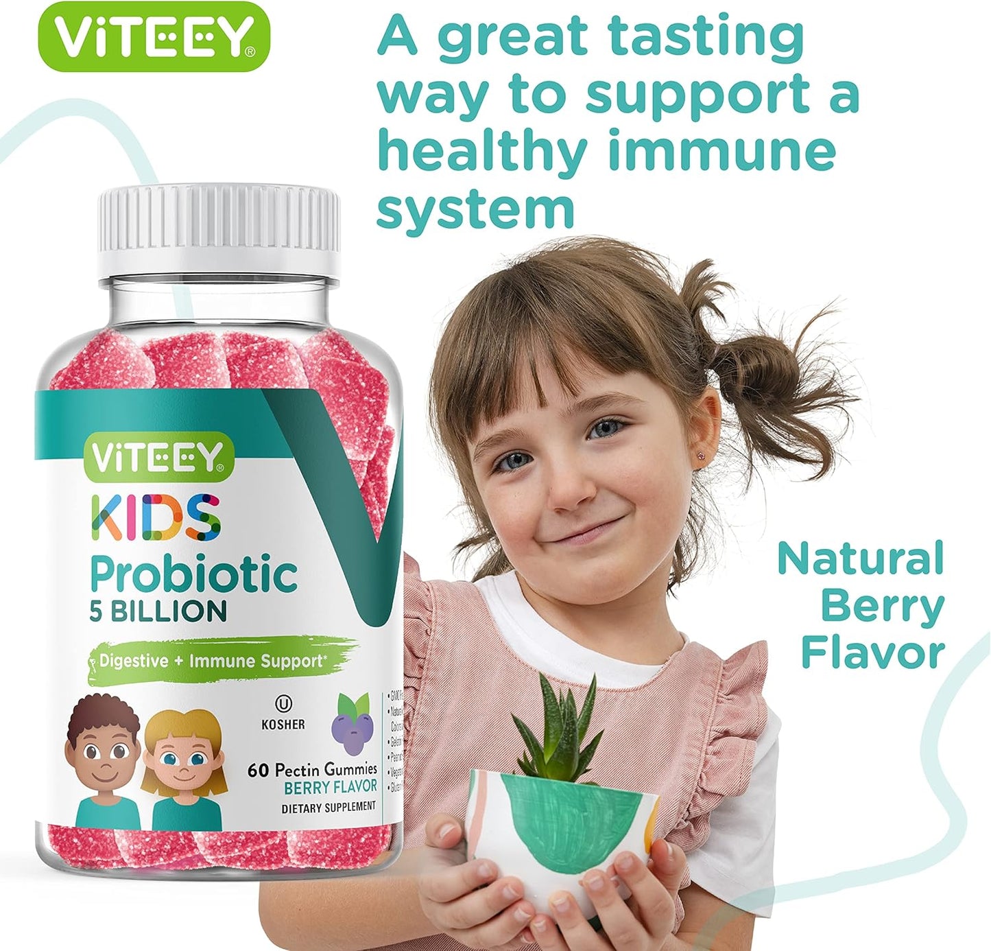 Kids Probiotic Gummies - 5 Billion CFUs for Constipation Relief & Immune Support - Vegetarian, Gelatin Free, GMO Free - Berry Flavored Chewable Gummy