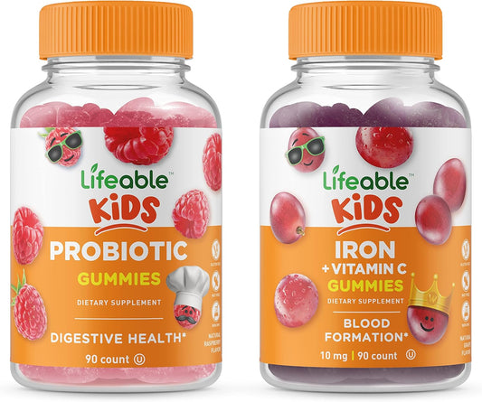 Kids Probiotic Gummies Bundle with Iron & Vitamin C - 2 Billion CFU, Gluten Free, Chewable, GMO Free, Great Tasting Vitamin Supplement