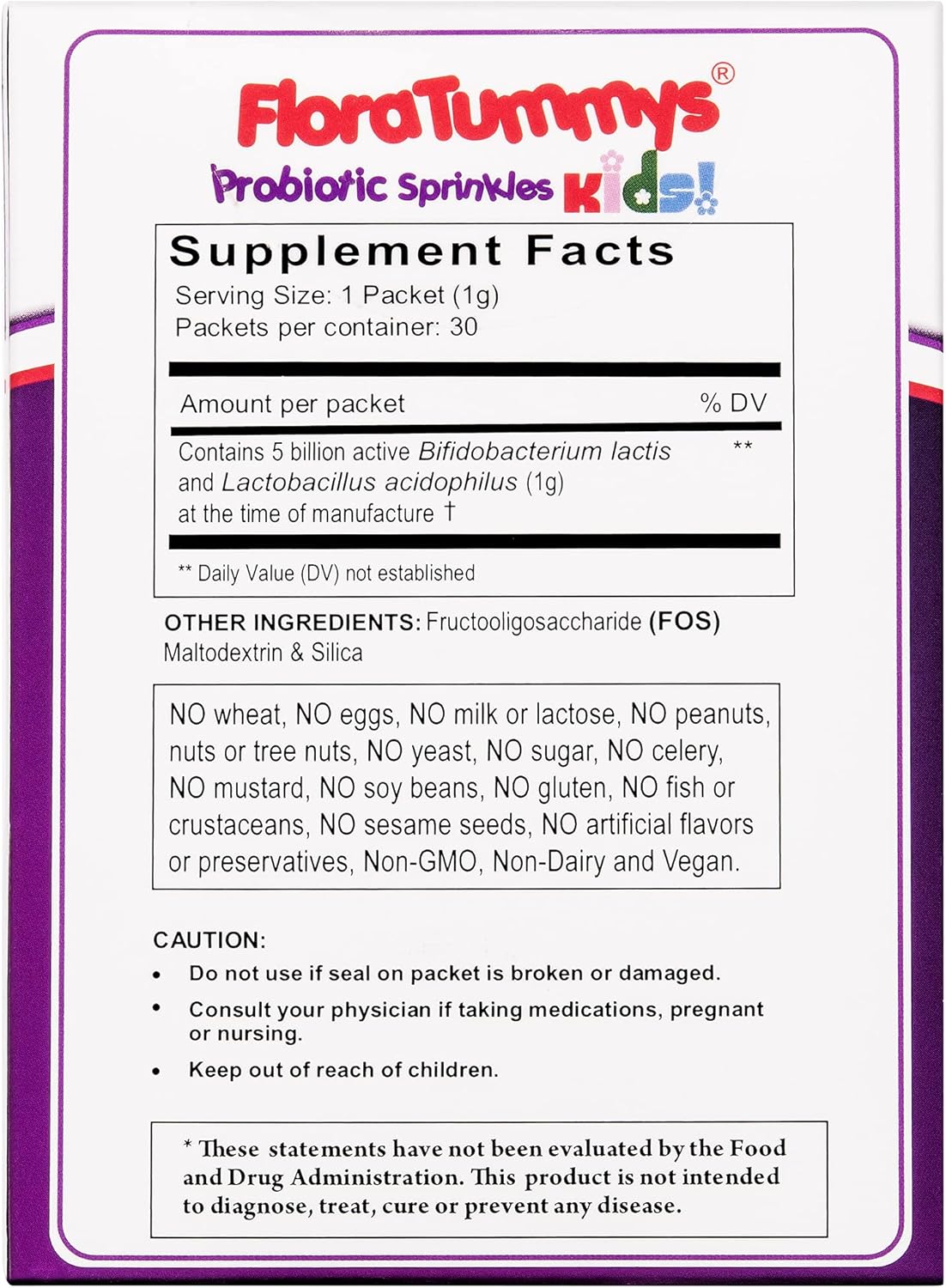 Kids Probiotic Powder Packets - 30 Taste-Free Packs, Allergen-Free, Dairy-Free, Gluten-Free, Sugar-Free, Non-GMO, Vegan