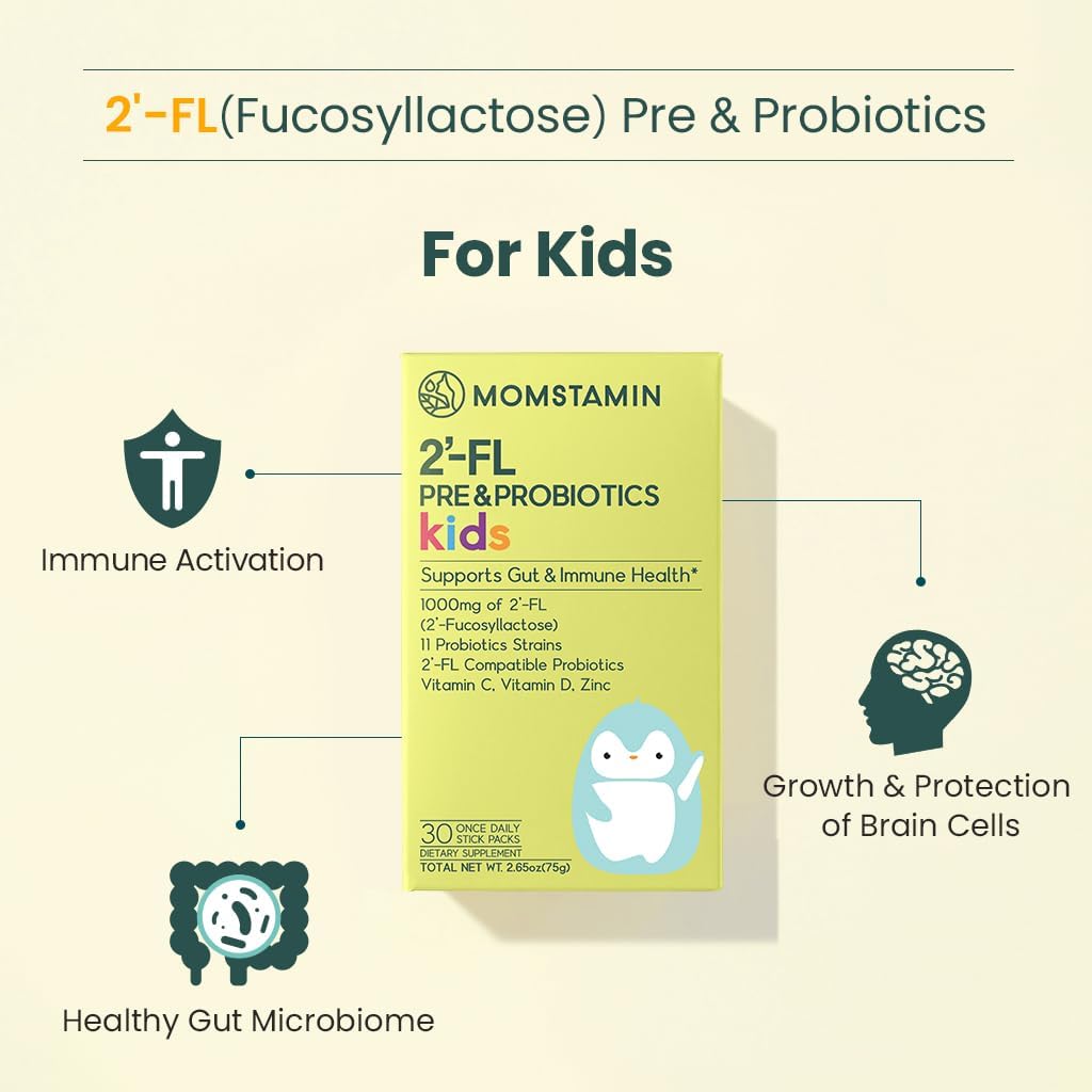 Kids Probiotic Supplement with 1000mg 2'-FL HMO Prebiotics, Patented 11 Strains for Healthy Gut Microbiome, Immune Support, Digestive Health, IBS Relief - 30 Sticks