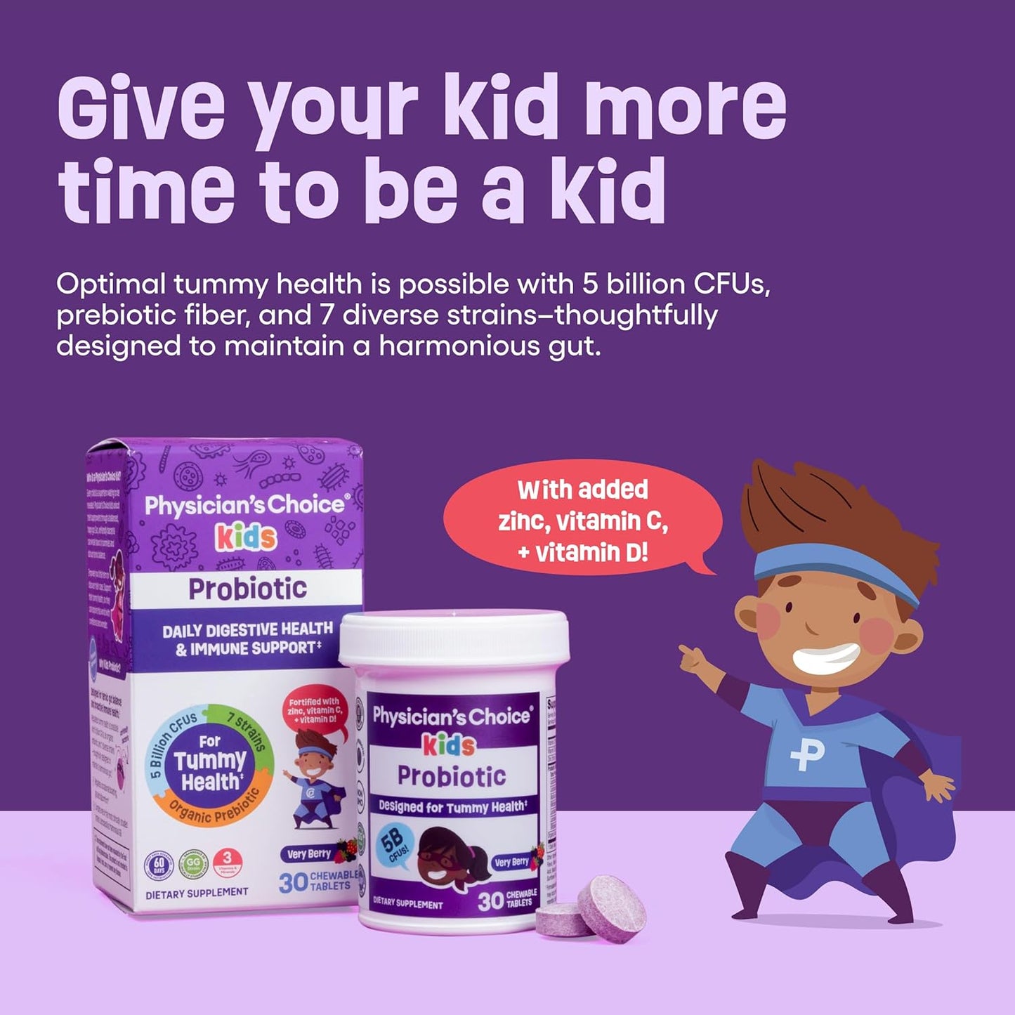 Kids Probiotic Supplement with 7 Strains, Prebiotics, Vitamins, Minerals - Supports Immune & Digestive Health - 60ct