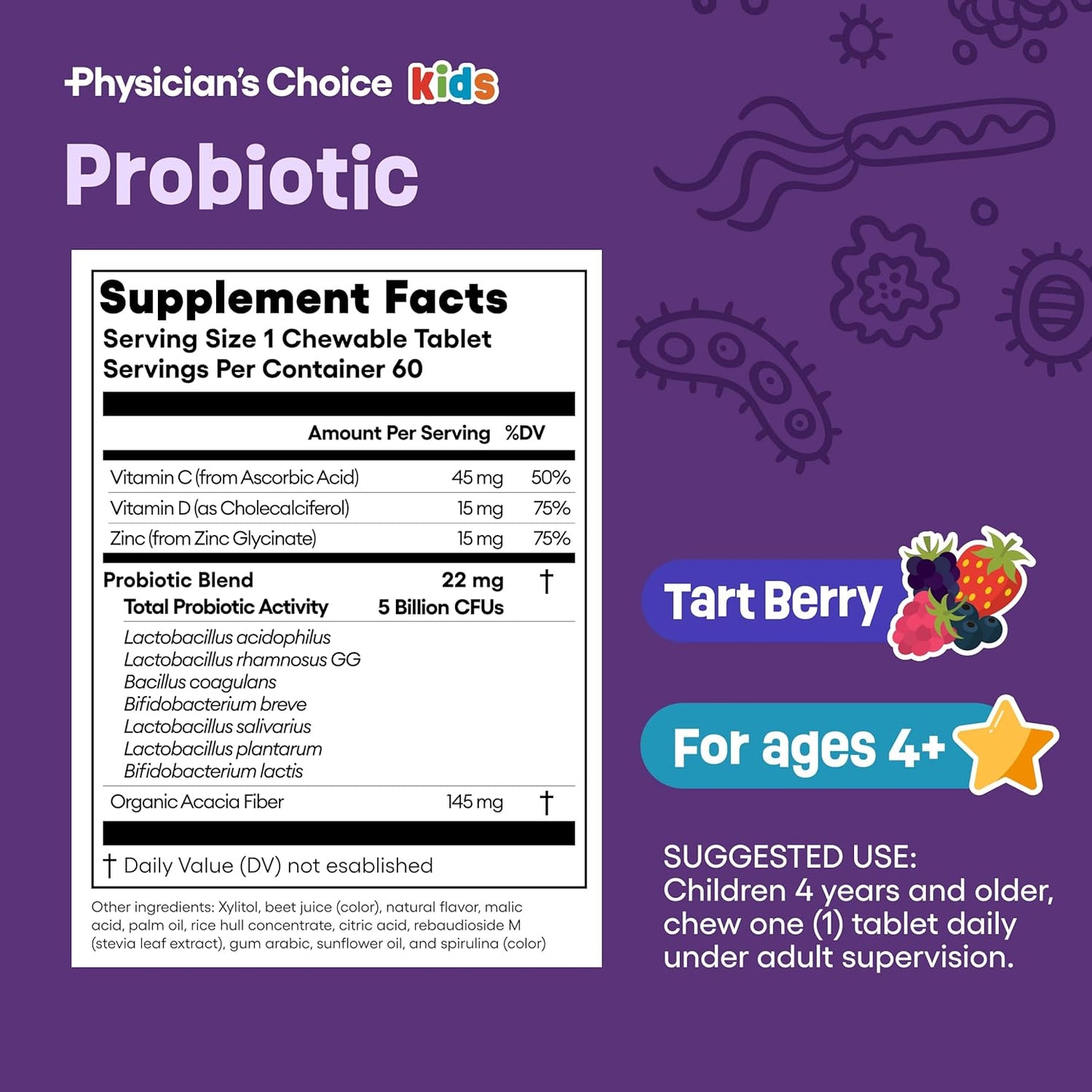 Kids Probiotic Supplement with 7 Strains, Prebiotics, Vitamins, Minerals - Supports Immune & Digestive Health - 60ct