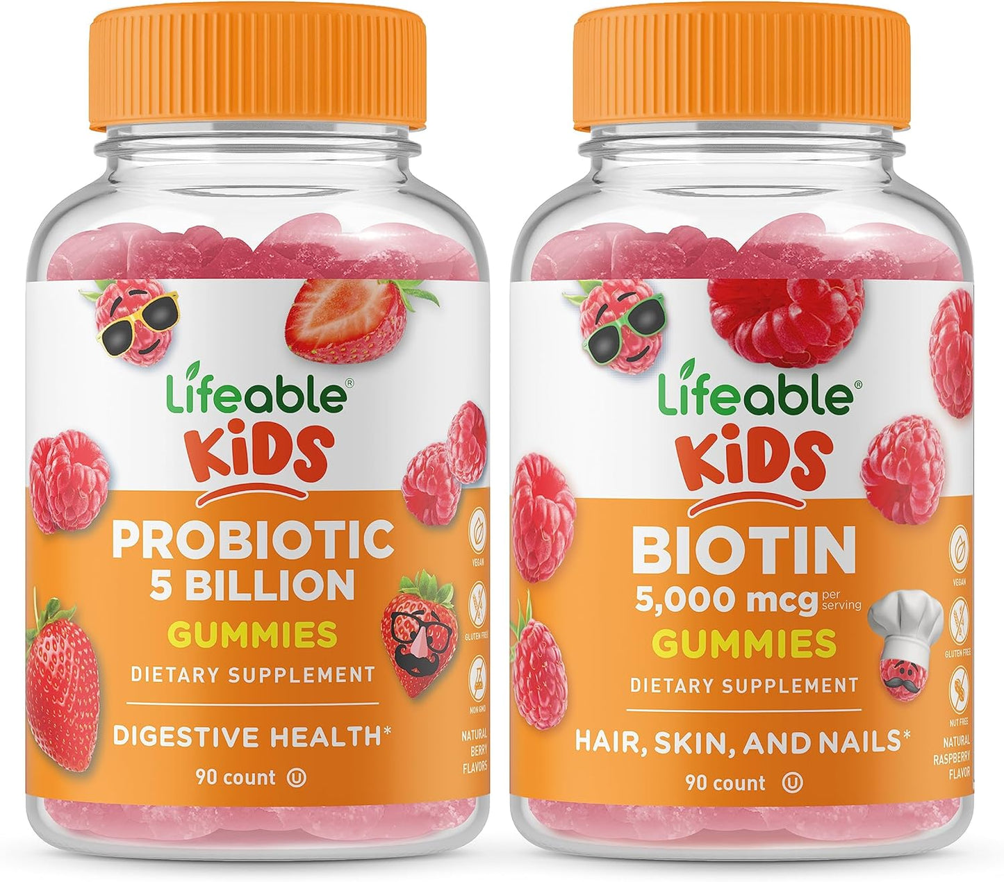 Kids Probiotics and Biotin Gummies Bundle - 5 Billion Probiotics, Vitamin Supplement, Gluten Free, GMO Free, Chewable Gummy