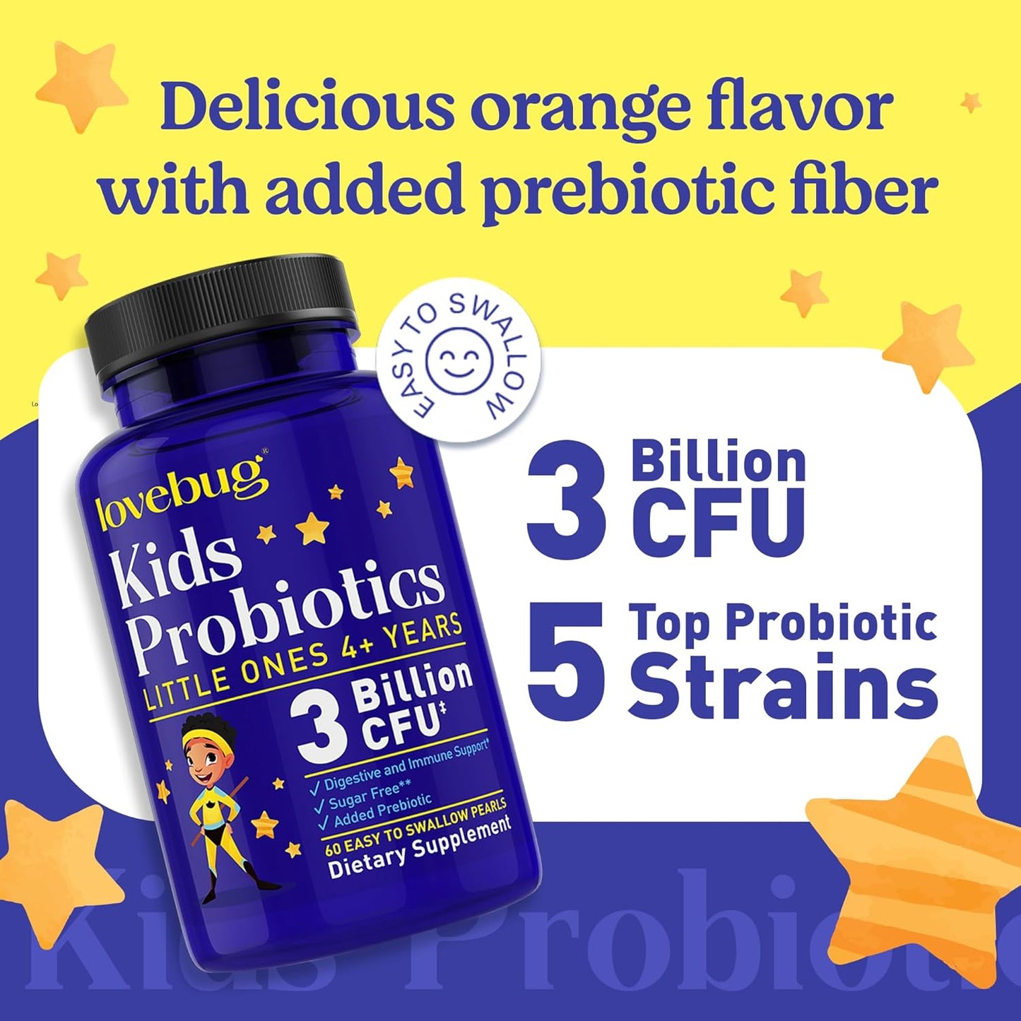 Kids Probiotics with Added Prebiotic Fiber - 120 Pearls, 3 Billion CFU - Lovebug PROBIOTICS, Allergen-Free & Non-GMO