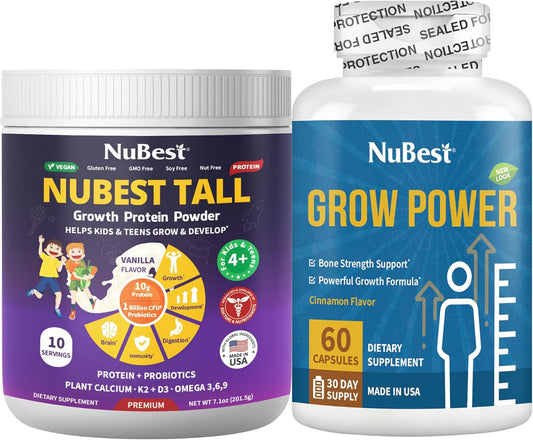 Kids & Teens Height Growth Bundle with Vanilla Vegan Protein Powder, Probiotics, Calcium, Omega 3-6-9 & Vitamins + Grow Power Bone Strength Formula
