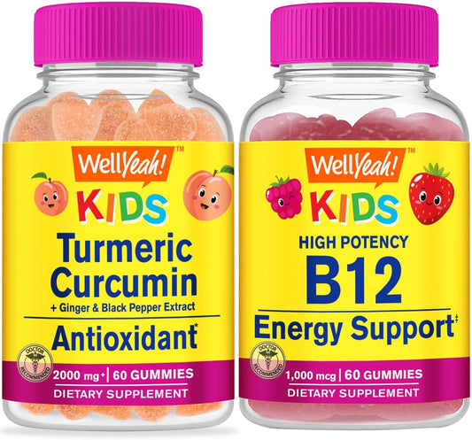 Kids Turmeric Curcumin and Vitamin B12 Gummies Bundle - Delicious Vitamin Supplement, Gluten and GMO Free Chewables