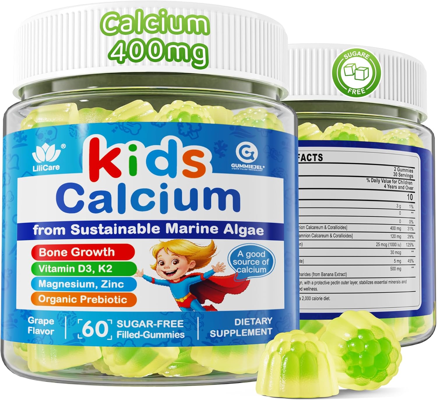 Kids Vegan Calcium Gummies with Prebiotics, Grape Flavor, Non-GMO - 60 Count