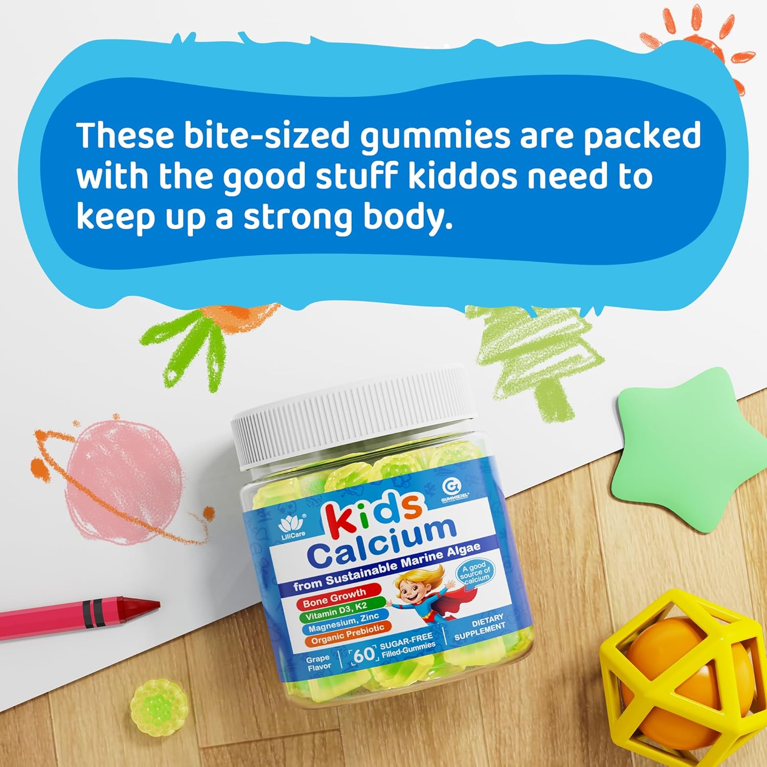 Kids Vegan Calcium Gummies with Prebiotics, Grape Flavor, Non-GMO - 60 Count