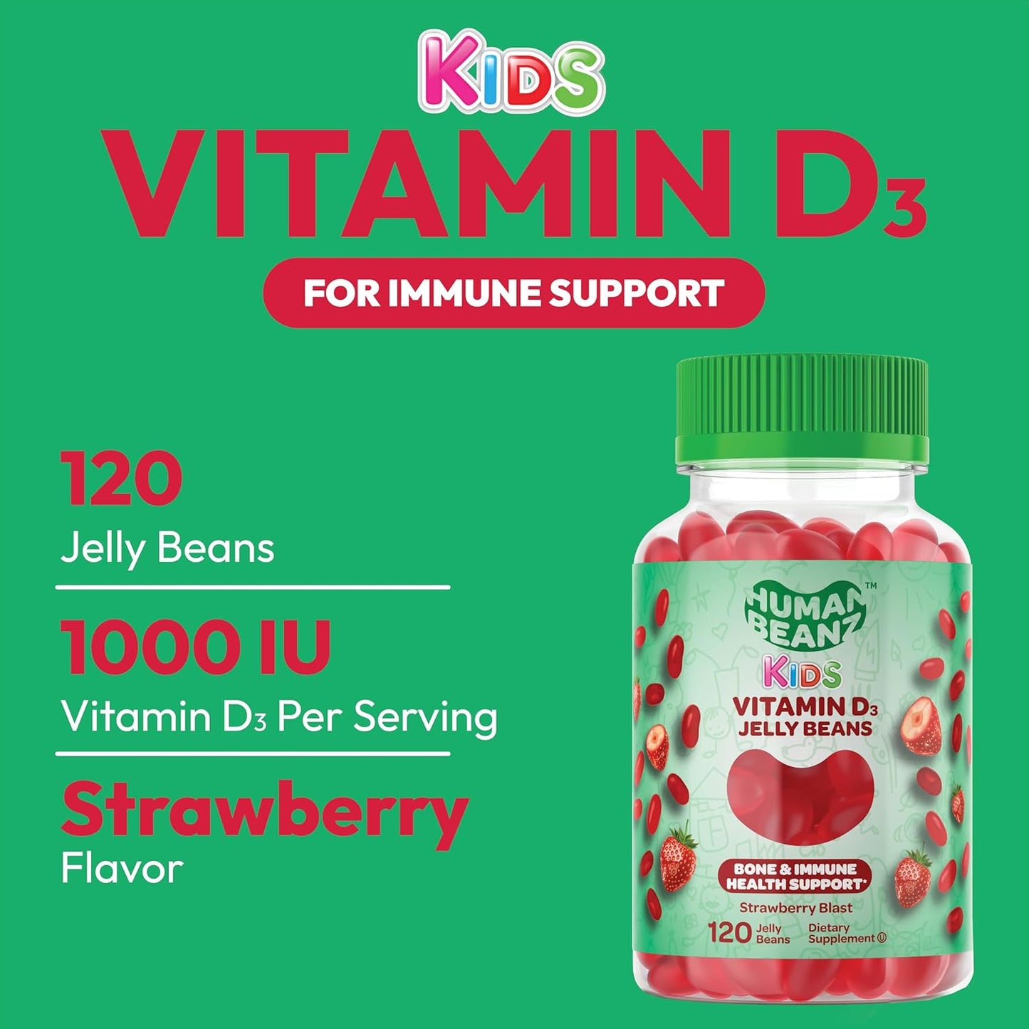 Kid's Vegetarian Strawberry Blast Vitamin D3 Gummies - 120 Jelly Beans, 25mcg/1000 IU, Kosher - Human Beanz
