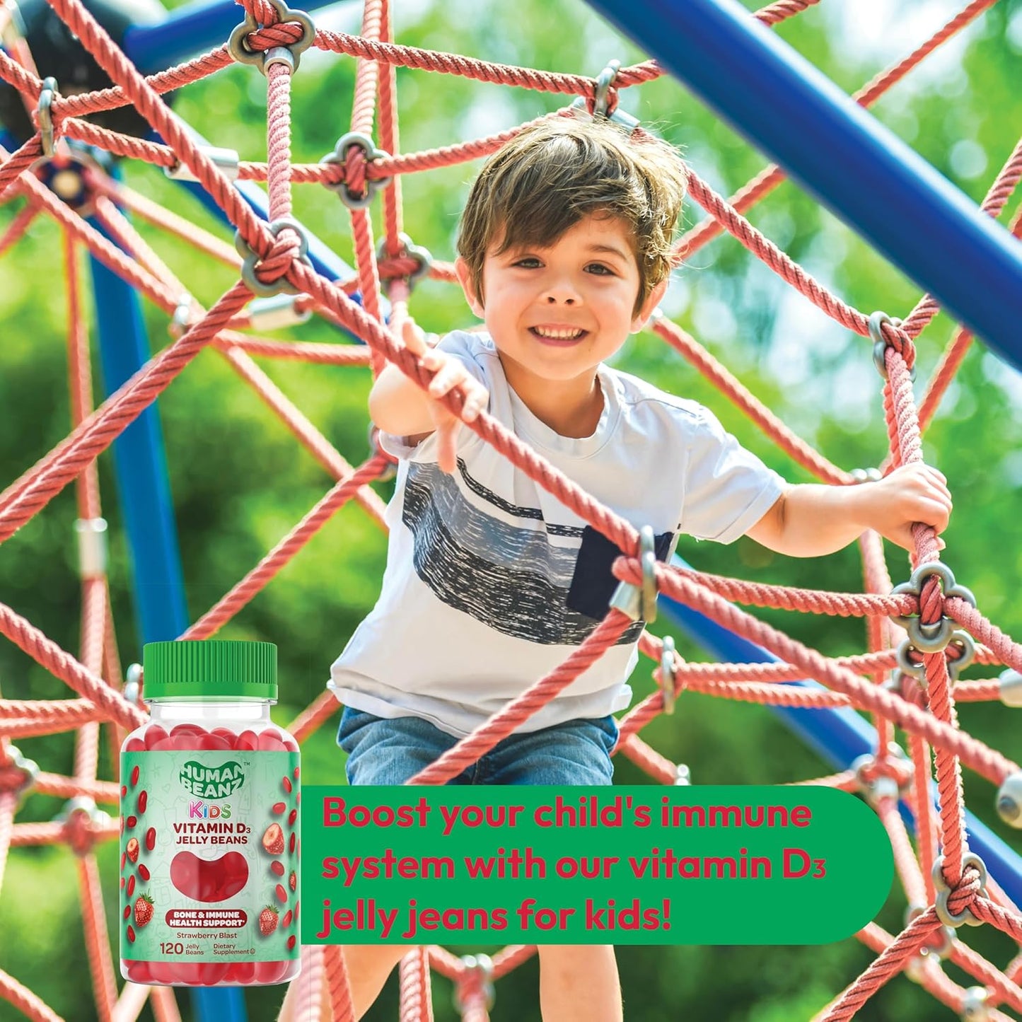 Kid's Vegetarian Strawberry Blast Vitamin D3 Gummies - 120 Jelly Beans, 25mcg/1000 IU, Kosher - Human Beanz
