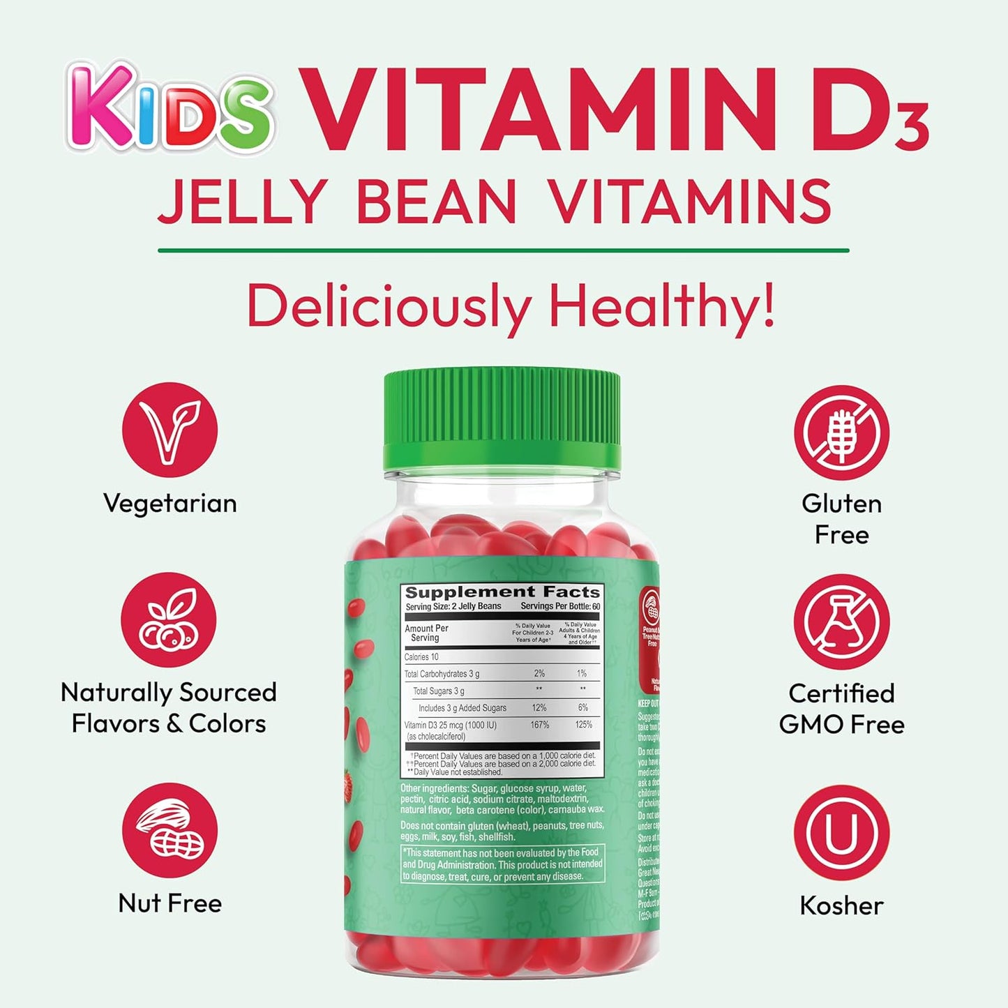 Kid's Vegetarian Strawberry Blast Vitamin D3 Gummies - 120 Jelly Beans, 25mcg/1000 IU, Kosher - Human Beanz