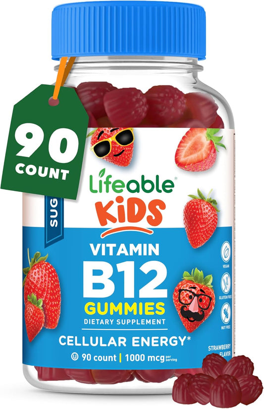 Kids Vitamin B12 Gummies | 1000 mcg | Sugar Free | Energy, Mood, and Metabolism Support | B12 Vitamins for Boys and Girls | 90 Gummies