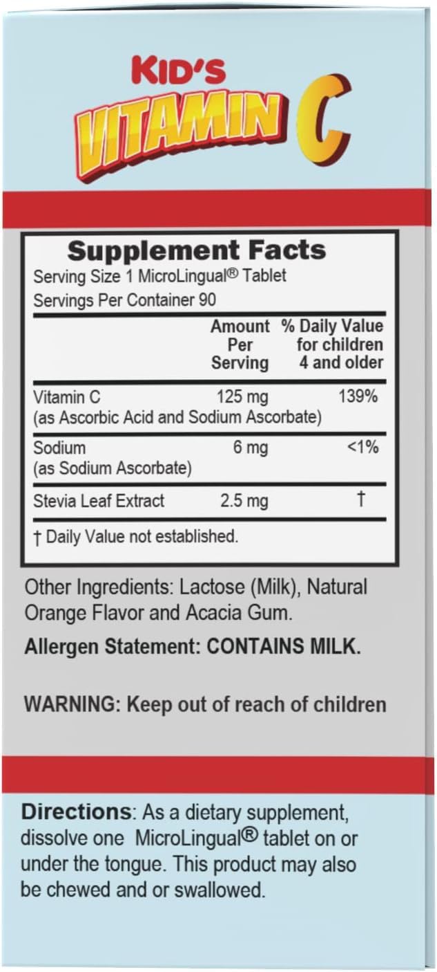 Kid’s Vitamin C (125 mg) MicroLingual Tablets - 90 Ct, Quick Dissolve Clean Melts for Immune System Support, Non-GMO Option