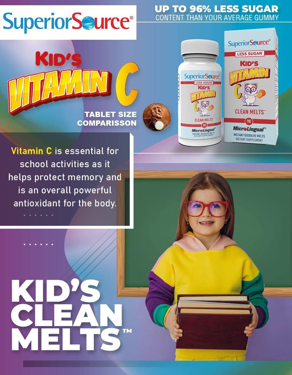 Kid’s Vitamin C (125 mg) MicroLingual Tablets - 90 Ct, Quick Dissolve Clean Melts for Immune System Support, Non-GMO Option